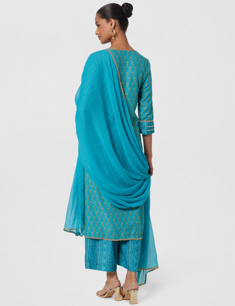 Biba Cotton Blend Women Printed Straight Salwar Kurta Dupatta(Skdassorted7631E_Turquoise_32) - Image 3
