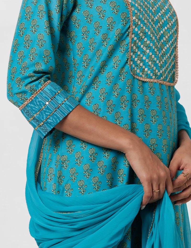 Biba Cotton Blend Women Printed Straight Salwar Kurta Dupatta(Skdassorted7631E_Turquoise_32) - Image 5