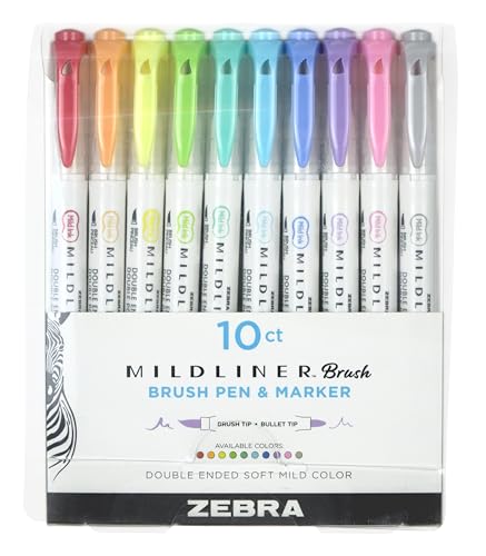 Zebra Pen Mildliner DualEnded Brush Pens 10 Assorted Colors Brush and Fine Tips Soft Mild Ink with No BleedThrough WaterResistant Ink for Journaling Calligraphy Planners 10Pack 79101 - Image 1