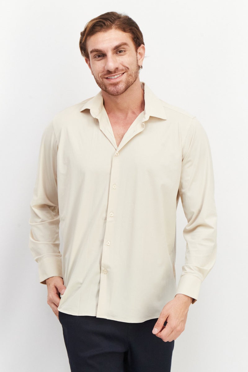 Tailored Recreation Men Slim Fit Solid Long Sleeves Casual Shirt, Tan - Image 1