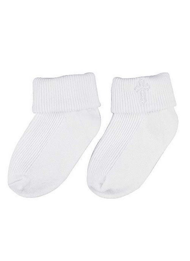 Estamico - Infant Baby Boysgirlschristening Baptism Embroidered Cross Bib And Socks For Outfits - Image 1
