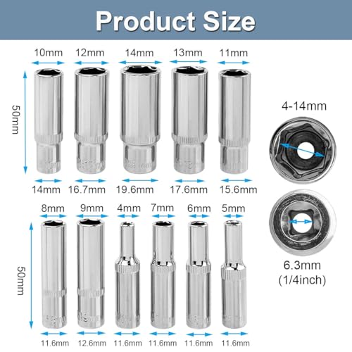 Eyech 11Pcs 14 Drive Deep Metric Socket Set 6 Piont Design Deep Socket Set CRV Steel 414mm Sliver - Image 3