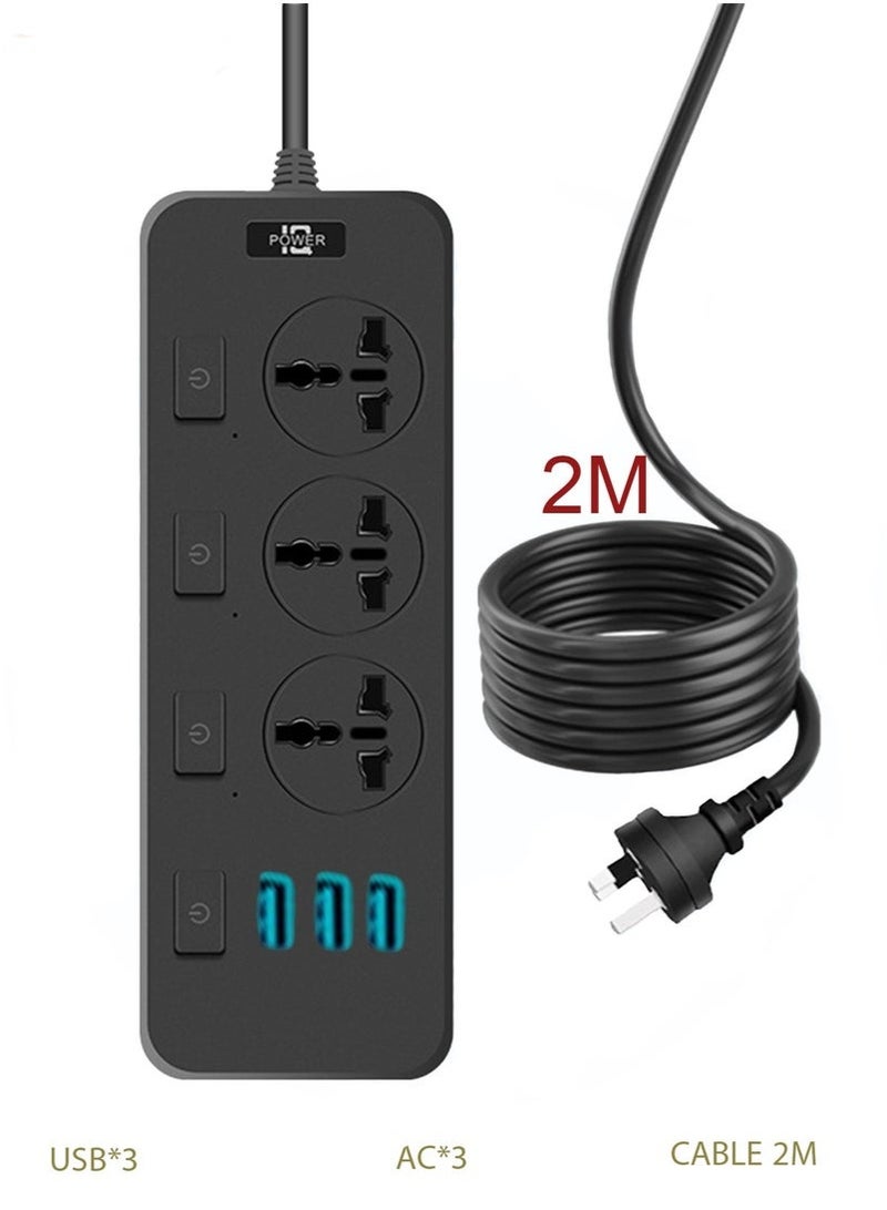 Bukela Power Strip 2500W high-power Contact with 3 traditional sockets Multiple USB Plug Socket For Phone Charging 2m Extension Cable - Image 1