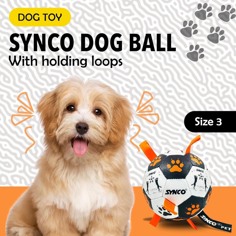 synco Dog Football Black & White with Orange Holding Loops | Dog Balls for Large Breed | Pet Toys for Dogs | Dog Ball for Adult Dogs | Rubber Pet Balls | Suitable for All Dog Breeds & Sizes | Size- 3 - Image 2