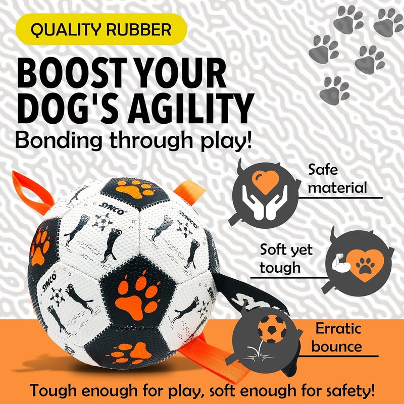 synco Dog Football Black & White with Orange Holding Loops | Dog Balls for Large Breed | Pet Toys for Dogs | Dog Ball for Adult Dogs | Rubber Pet Balls | Suitable for All Dog Breeds & Sizes | Size- 3 - Image 3