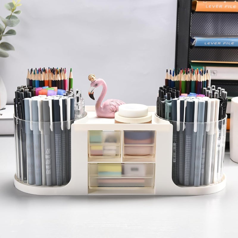 KASTWAVE Rotating Desk Organizer with 2 Pen Holder, Desk Organizers and Accessories with 10 Slots Pencil Holder for Desk + 3 Drawer, Art Supply Storage Box Caddy for Office School Home (White) - Image 2