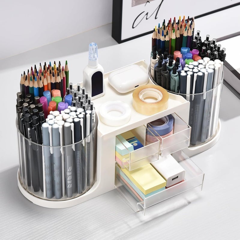 KASTWAVE Rotating Desk Organizer with 2 Pen Holder, Desk Organizers and Accessories with 10 Slots Pencil Holder for Desk + 3 Drawer, Art Supply Storage Box Caddy for Office School Home (White) - Image 3