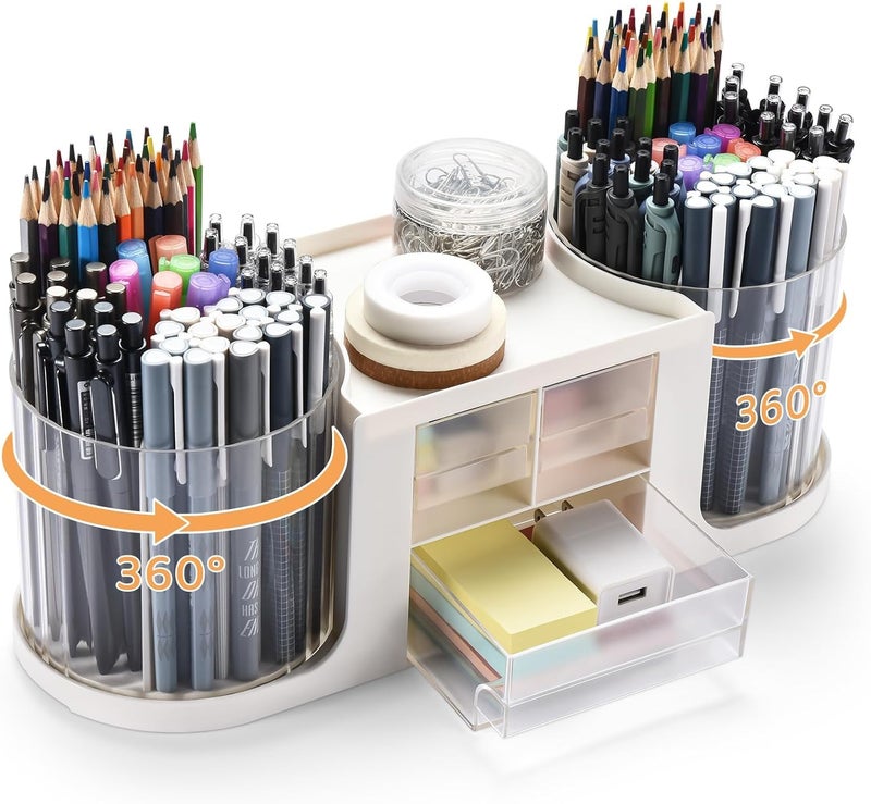 KASTWAVE Rotating Desk Organizer with 2 Pen Holder, Desk Organizers and Accessories with 10 Slots Pencil Holder for Desk + 3 Drawer, Art Supply Storage Box Caddy for Office School Home (White) - Image 1