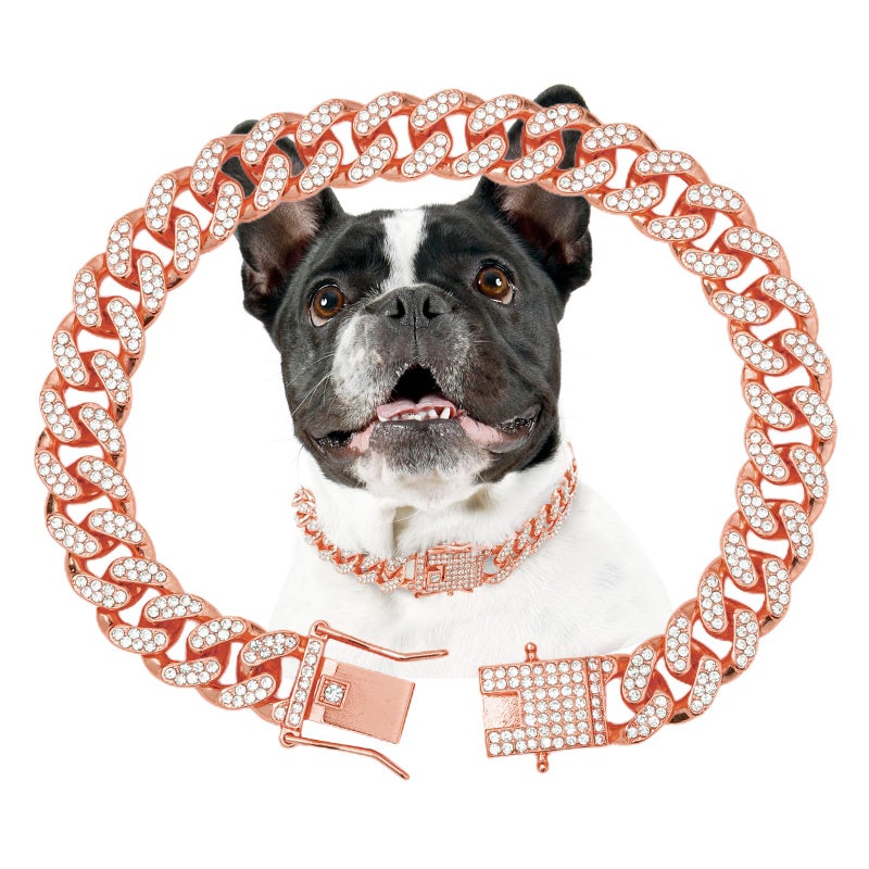 THAMIAO Rose Gold Dog Chain Collars Girl Dog Collars Chain Dog Collar Crystal Dog Necklace Rose Gold Link Dog Collar for Small, Medium and Large Dogs, 10 Inch - Image 1