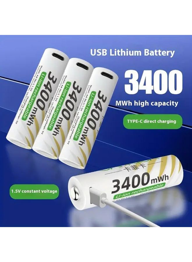 Four AA3400mWh Rechargeable Lithium Batteries Fast Charger Type C Cable Charging Case - Image 5