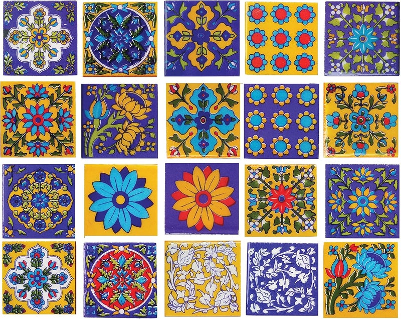 Shiv Kripa Blue Pottery Shiv Kripa Blue Art Pottery Classic Decorative Interior Exterior Flooring Wall Ceramic 2 x 2 inch Tiles Pack of 20 Tiles (Blue,Yellow & Multi) - Image 1