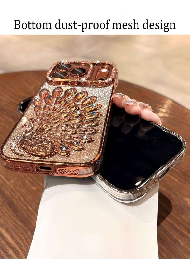 X-level Case for iPhone 17 Pro Max, Peacock Glitter Cover Diamond Lens Protector Shiny Sparkling Transparent Cover Women Girls Cases (Orange) - Image 4