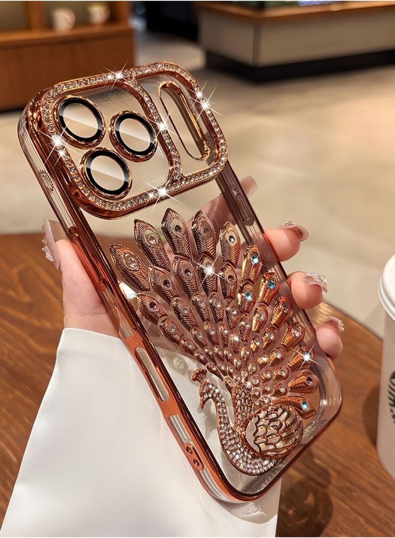 X-level Case for iPhone 17 Pro Max, Peacock Glitter Cover Diamond Lens Protector Shiny Sparkling Transparent Cover Women Girls Cases (Orange) - Image 5