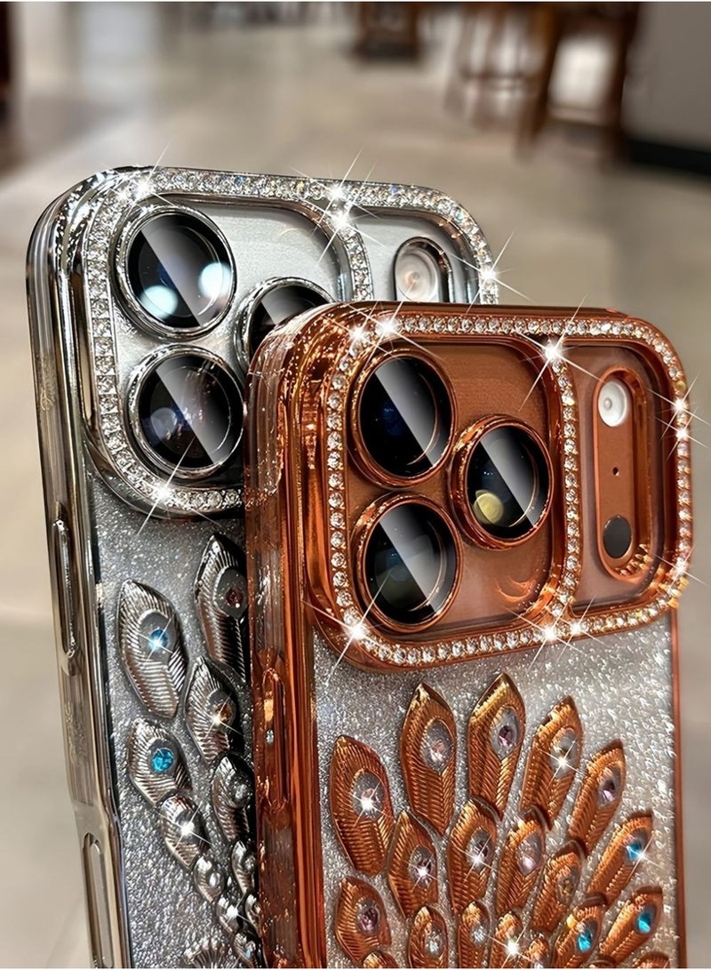 X-level Case for iPhone 17 Pro Max, Peacock Glitter Cover Diamond Lens Protector Shiny Sparkling Transparent Cover Women Girls Cases (Orange) - Image 3
