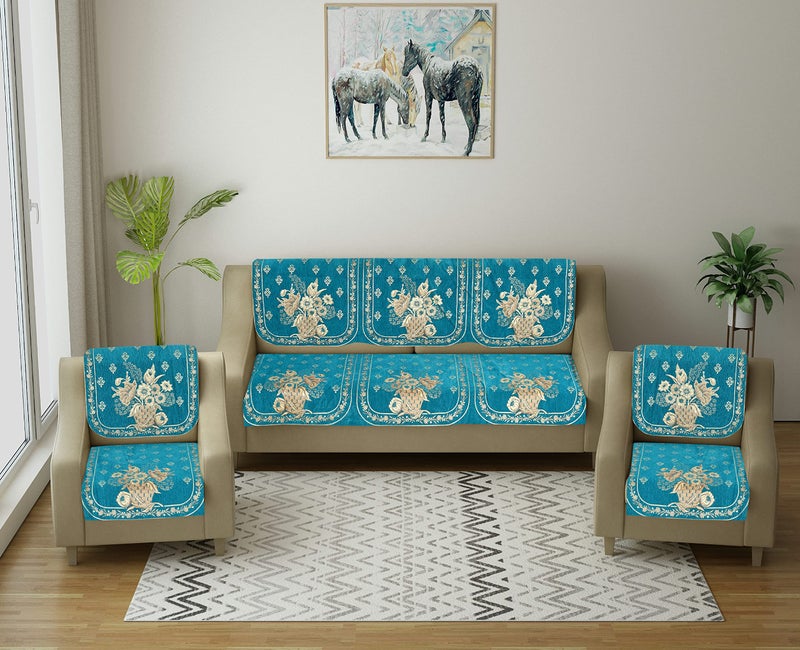 SAWNA HOMES 5 Seater Printed Sofa Cover Set | Velvet Chenille Sofa Back Slip Panels for 3,1,1 Seater Sofa | Anti-Slip Washable Sofa Protectors for Living Room, Home (6 Pcs, SkyBlue) - Image 1