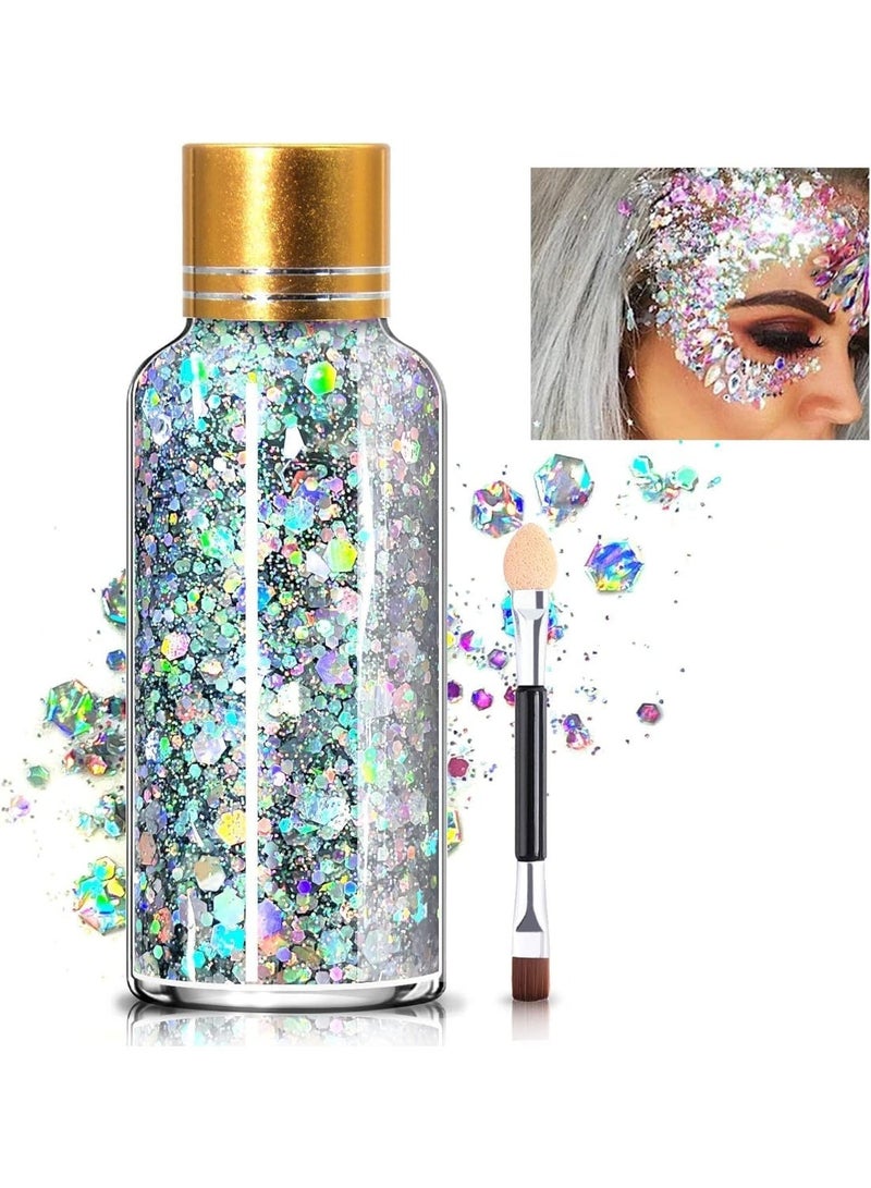 ChicAbode Chameleon Body Glitter,Gel Mermaid Sequins Chunky Long Lasting,Body Glitter for Body Face Hair Holographic,Body Glitter for Halloween Festival Makeup,Silver - Image 1