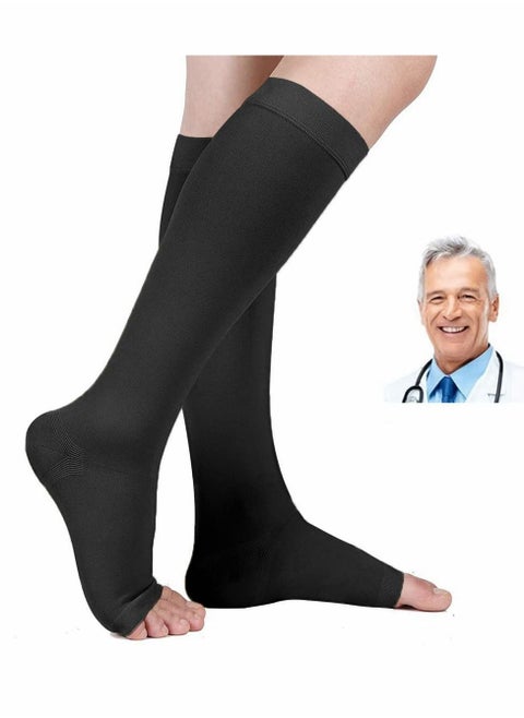 Open Toe Compression Socks, 20-30 mmHg Toeless Compression Stockings, Knee High Calf