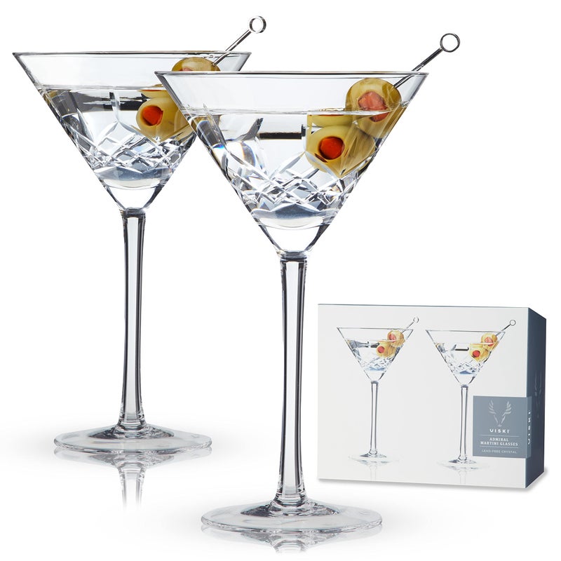 Viski Admiral Etched Martini Glasses Cocktail Coupe Glasses Stemmed Crystal Glassware Home and Bar Drinkware Set of 2 9oz