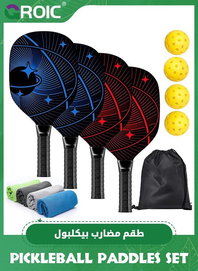 GROIC 4 Pcs Pickleball Paddles, Pickleball Set with 4 Premium Wood Pickleball Paddles, 4 Pickleball Balls, 4 Cooling Towels & Carry Bag, Pickleball Rackets with Ergonomic Cushion Grip - Image 1