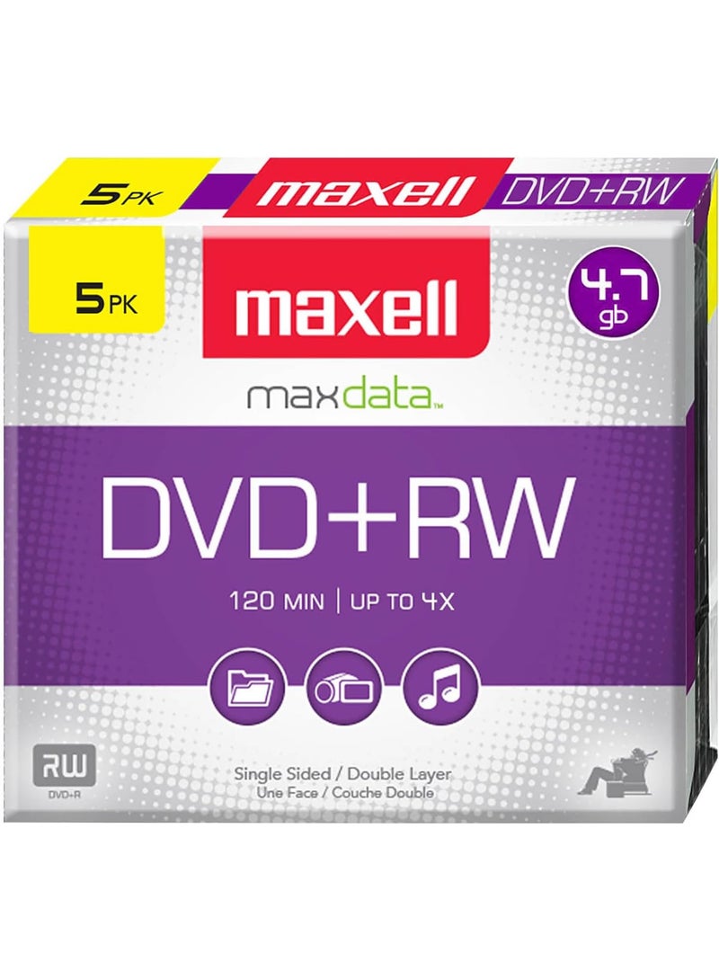Maxell Maxell 634045 DVD-RW Blank Disc - Rewritable 4.7 Gb with Slim Jewel Case, 120min & Max Up to 4x, Superior Archival Life Digital Storage Playback & Up to 1000 Rewrite - 5 Pack - Image 1