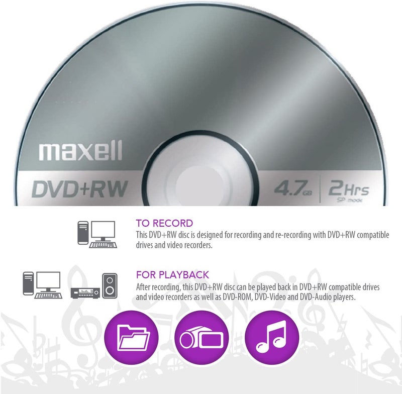 Maxell قرص ماكسيل 634045 DVD-RW فارغ - قابل لإعادة الكتابة 4.7 جيجابايت مع علبة جواهر رفيعة، 120 دقيقة وسرعة تصل إلى 4x، عمر أرشيفي متفوق لتخزين البيانات الرقمية وتشغيلها وإعادة الكتابة حتى 1000 مرة - 5 عبوات - Image 4
