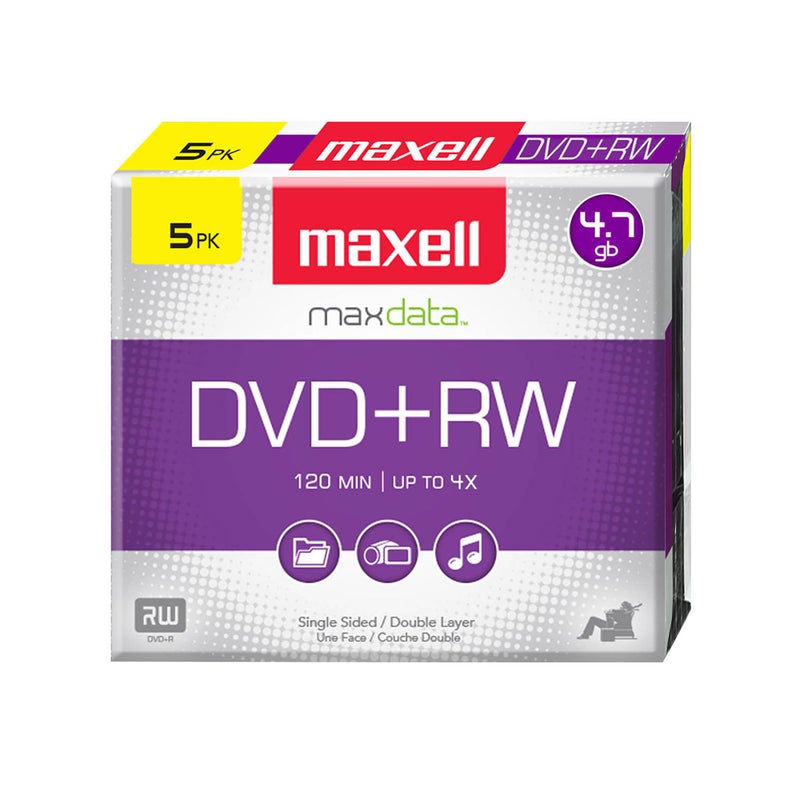 Maxell قرص ماكسيل 634045 DVD-RW فارغ - قابل لإعادة الكتابة 4.7 جيجابايت مع علبة جواهر رفيعة، 120 دقيقة وسرعة تصل إلى 4x، عمر أرشيفي متفوق لتخزين البيانات الرقمية وتشغيلها وإعادة الكتابة حتى 1000 مرة - 5 عبوات - Image 1