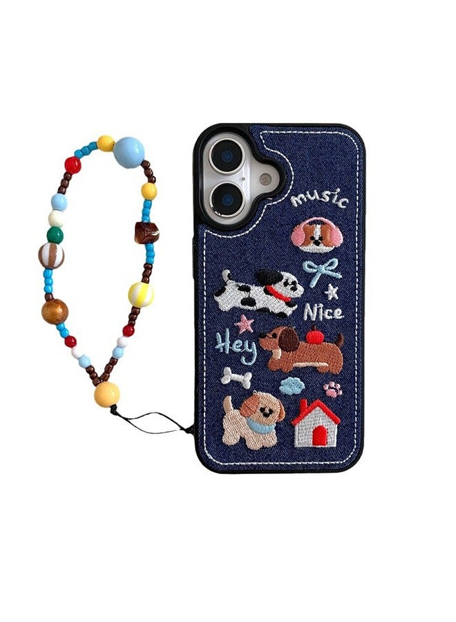 Compatible with iPhone 16 Case, Cute Puppy Cartoon Fabric Embroidery Pattern Shockproof Case Cover with Lovely Strap Bracelet Chain, Silicone+Denim Material Anti-Fall Drop Protection Case for iPhone 16 6.1 inches  - Image 1