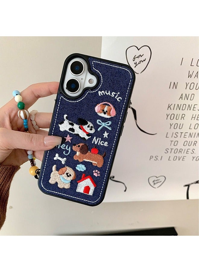 Compatible with iPhone 16 Case, Cute Puppy Cartoon Fabric Embroidery Pattern Shockproof Case Cover with Lovely Strap Bracelet Chain, Silicone+Denim Material Anti-Fall Drop Protection Case for iPhone 16 6.1 inches  - Image 2