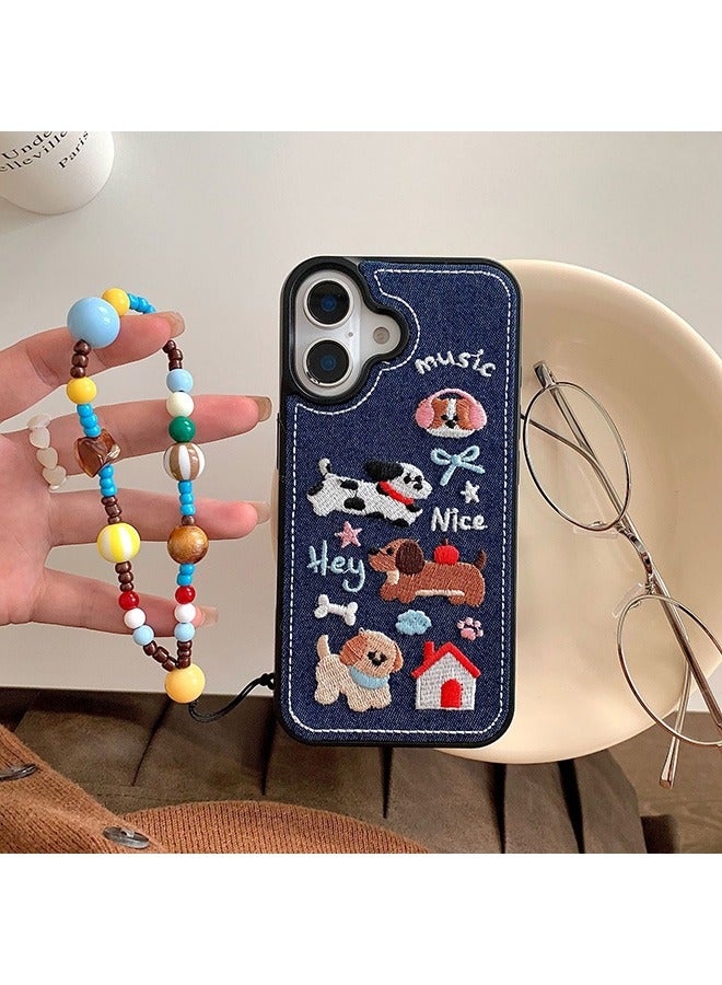 Compatible with iPhone 16 Case, Cute Puppy Cartoon Fabric Embroidery Pattern Shockproof Case Cover with Lovely Strap Bracelet Chain, Silicone+Denim Material Anti-Fall Drop Protection Case for iPhone 16 6.1 inches  - Image 4