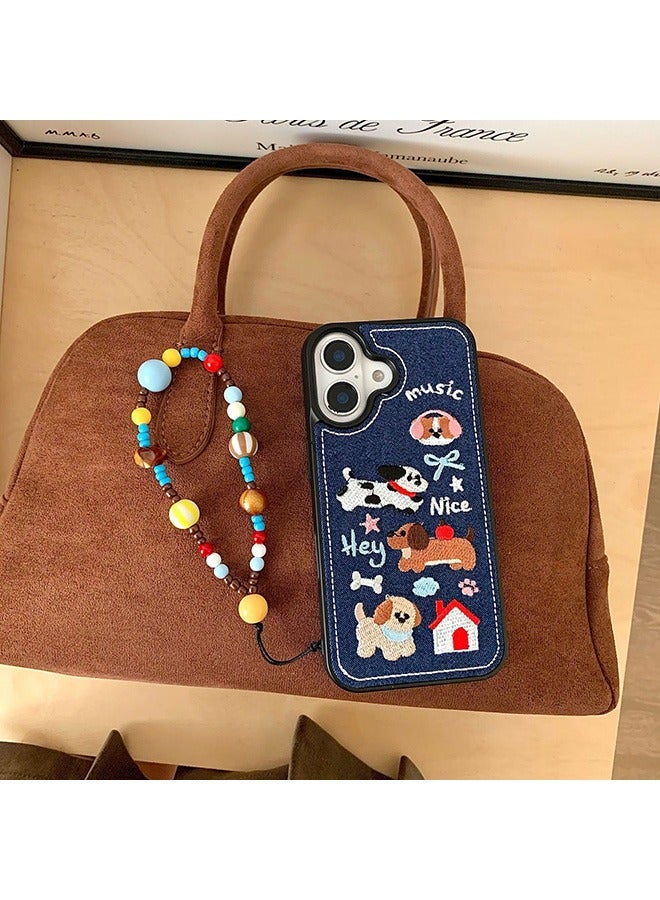 Compatible with iPhone 16 Case, Cute Puppy Cartoon Fabric Embroidery Pattern Shockproof Case Cover with Lovely Strap Bracelet Chain, Silicone+Denim Material Anti-Fall Drop Protection Case for iPhone 16 6.1 inches  - Image 3