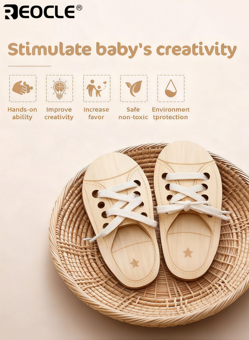REOCLE Kid's Wooden Shoe Tying Practice Kit with Lacing Thread and Step-by-Step Guide Developmental Toy with Fine Motor Skill Training for Kids - Image 1