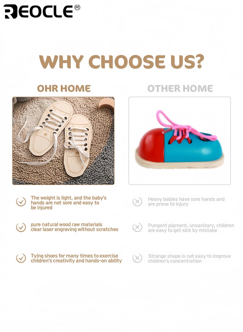 REOCLE Kid's Wooden Shoe Tying Practice Kit with Lacing Thread and Step-by-Step Guide Developmental Toy with Fine Motor Skill Training for Kids - Image 4