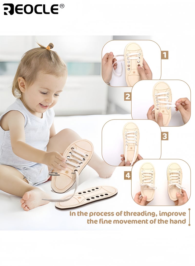 REOCLE Kid's Wooden Shoe Tying Practice Kit with Lacing Thread and Step-by-Step Guide Developmental Toy with Fine Motor Skill Training for Kids - Image 3