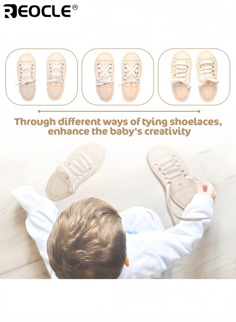 REOCLE Kid's Wooden Shoe Tying Practice Kit with Lacing Thread and Step-by-Step Guide Developmental Toy with Fine Motor Skill Training for Kids - Image 2
