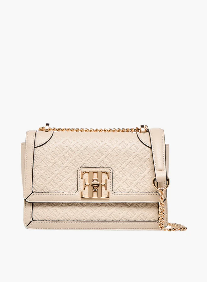 ELLE Monogram Embossed Crossbody Bag with Chain Strap and Flap Closure