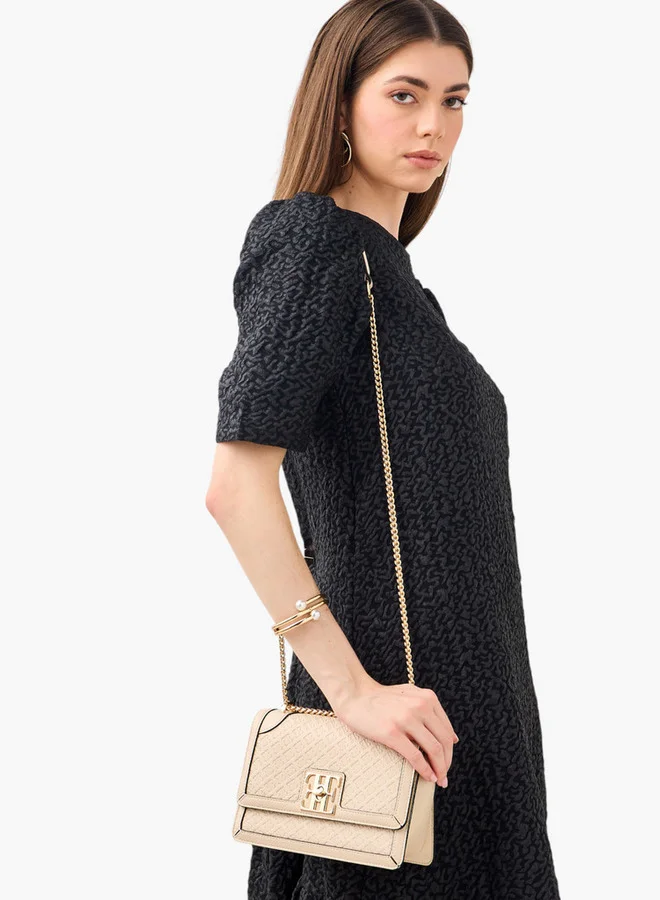 ELLE Monogram Embossed Crossbody Bag with Chain Strap and Flap Closure