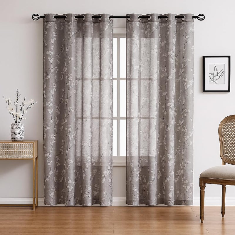 BFAM Sheer Curtain with Floral Print, Premium Printed Sheer Drapes, Eyelet/Grommet Curtain for Living Room, Bedroom, Light Filtering Curtains, Brown Floral 7 Feet,Pack of 1 Curtain - Image 1