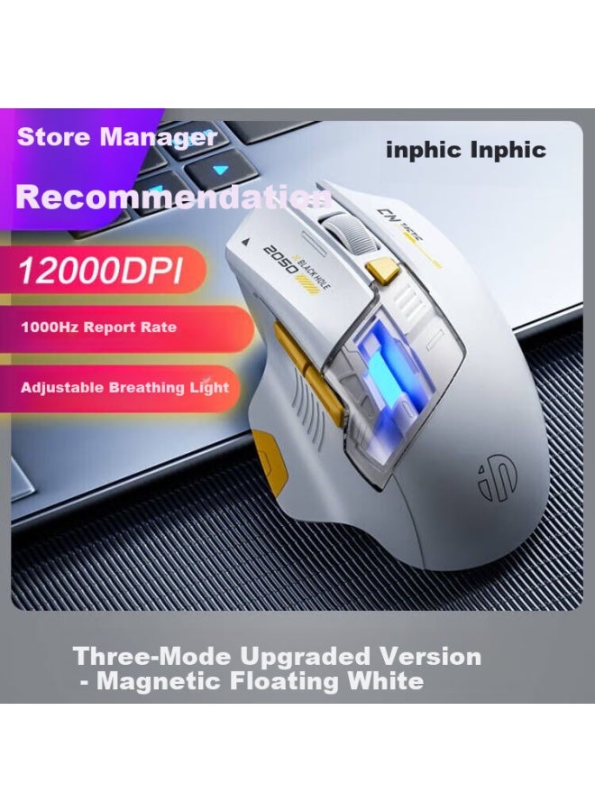 inphic ماوس الألعاب اللاسلكي Inphic A9 Explorer Edition V2، ماوس ثلاثي الوضعيات مع ماكرو للألعاب الإلكترونية، ماوس بلوتوث سلكي، مناسب لليد اليمنى، Csgo Pubg Lol، سطح المكتب، اللابتوب، عالمي، RGB 12000dpi أبيض - Image 1