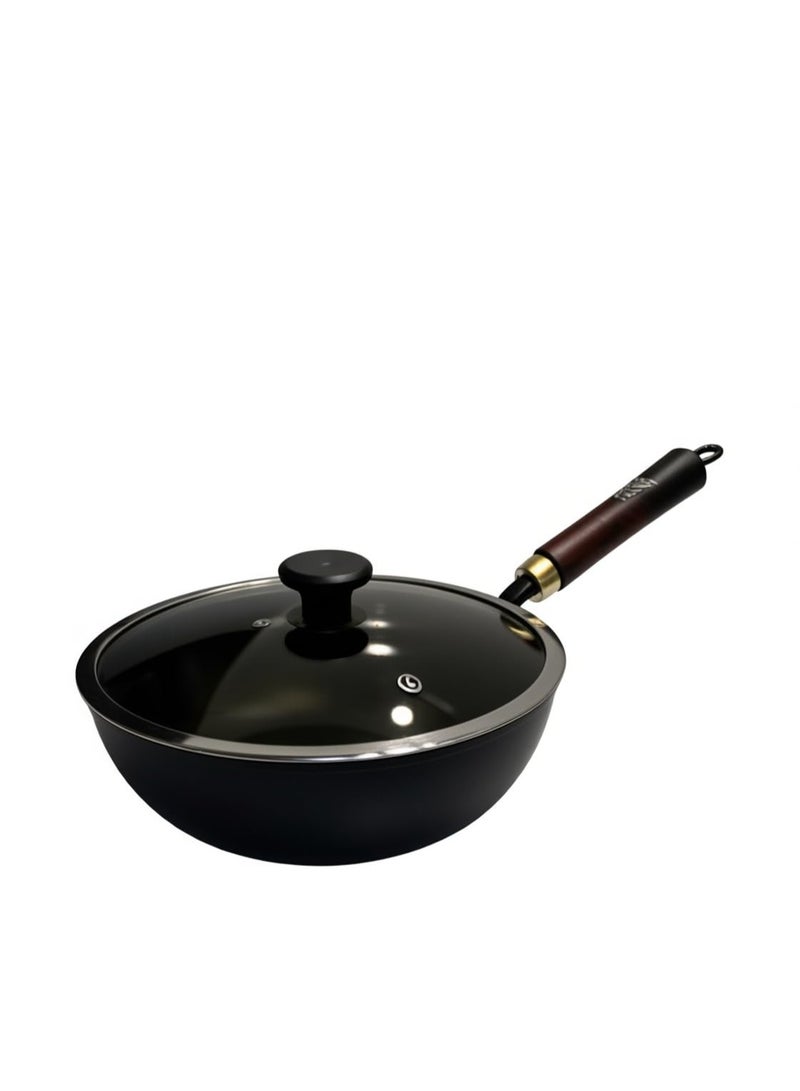 مقلاة ووك حديدية صينية غير لاصقة مقاس 28 سم، مقلاة ووك حديدية منزلية الصنع مع غطاء زجاجي، مقلاة ووك حديدية يابانية تقليدية، مقلاة ووك حديدية زهر، مقلاة ووك غير مطلية مقاس 11 بوصة - Image 2