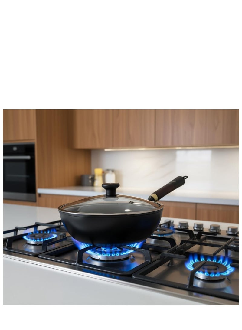 مقلاة ووك حديدية صينية غير لاصقة مقاس 28 سم، مقلاة ووك حديدية منزلية الصنع مع غطاء زجاجي، مقلاة ووك حديدية يابانية تقليدية، مقلاة ووك حديدية زهر، مقلاة ووك غير مطلية مقاس 11 بوصة - Image 1