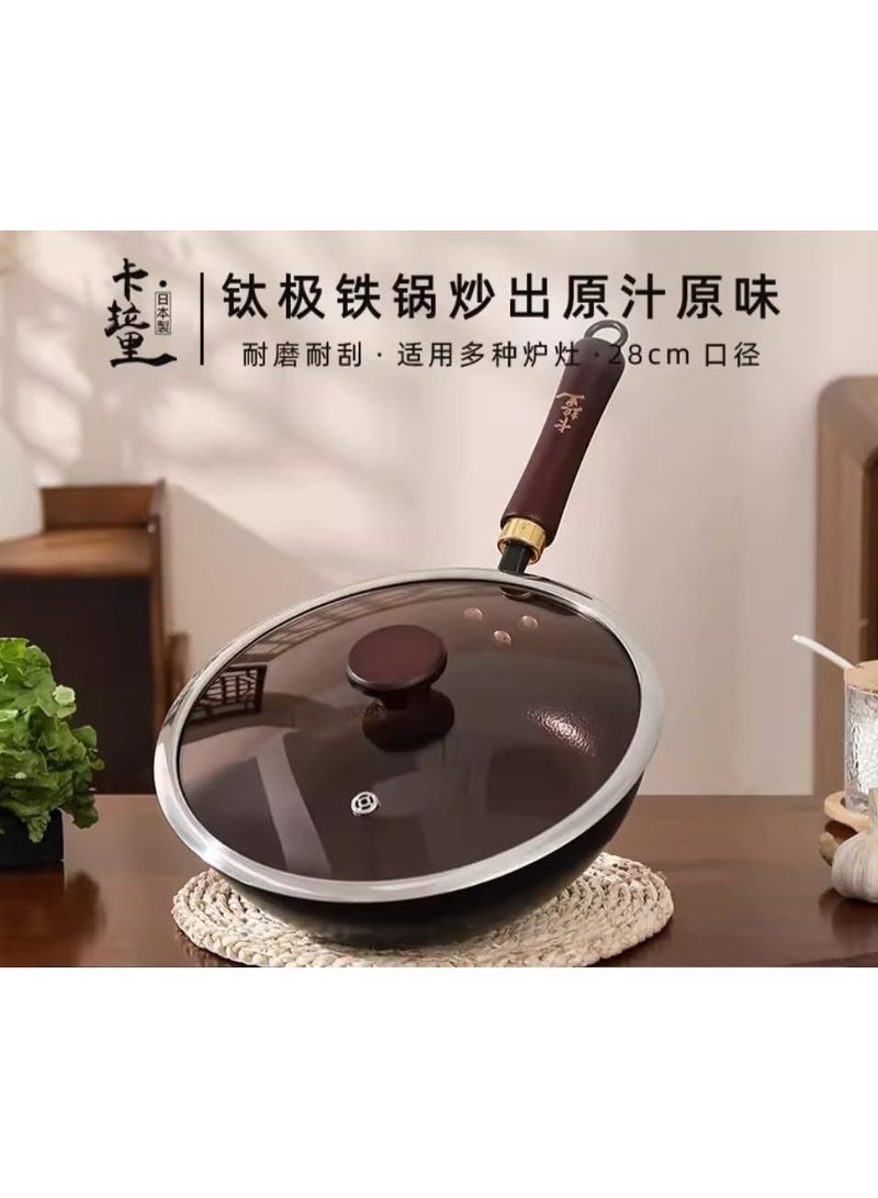 مقلاة ووك حديدية صينية غير لاصقة مقاس 28 سم، مقلاة ووك حديدية منزلية الصنع مع غطاء زجاجي، مقلاة ووك حديدية يابانية تقليدية، مقلاة ووك حديدية زهر، مقلاة ووك غير مطلية مقاس 11 بوصة - Image 3