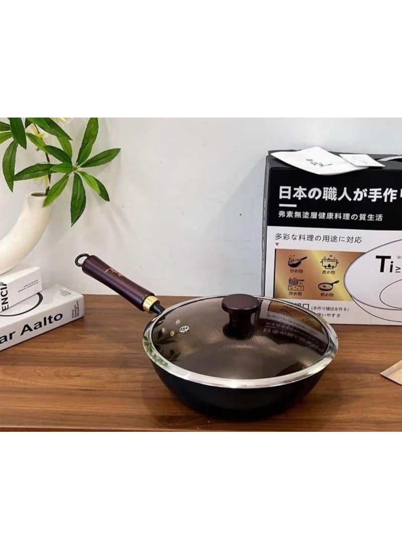 مقلاة ووك حديدية صينية غير لاصقة مقاس 28 سم، مقلاة ووك حديدية منزلية الصنع مع غطاء زجاجي، مقلاة ووك حديدية يابانية تقليدية، مقلاة ووك حديدية زهر، مقلاة ووك غير مطلية مقاس 11 بوصة - Image 5