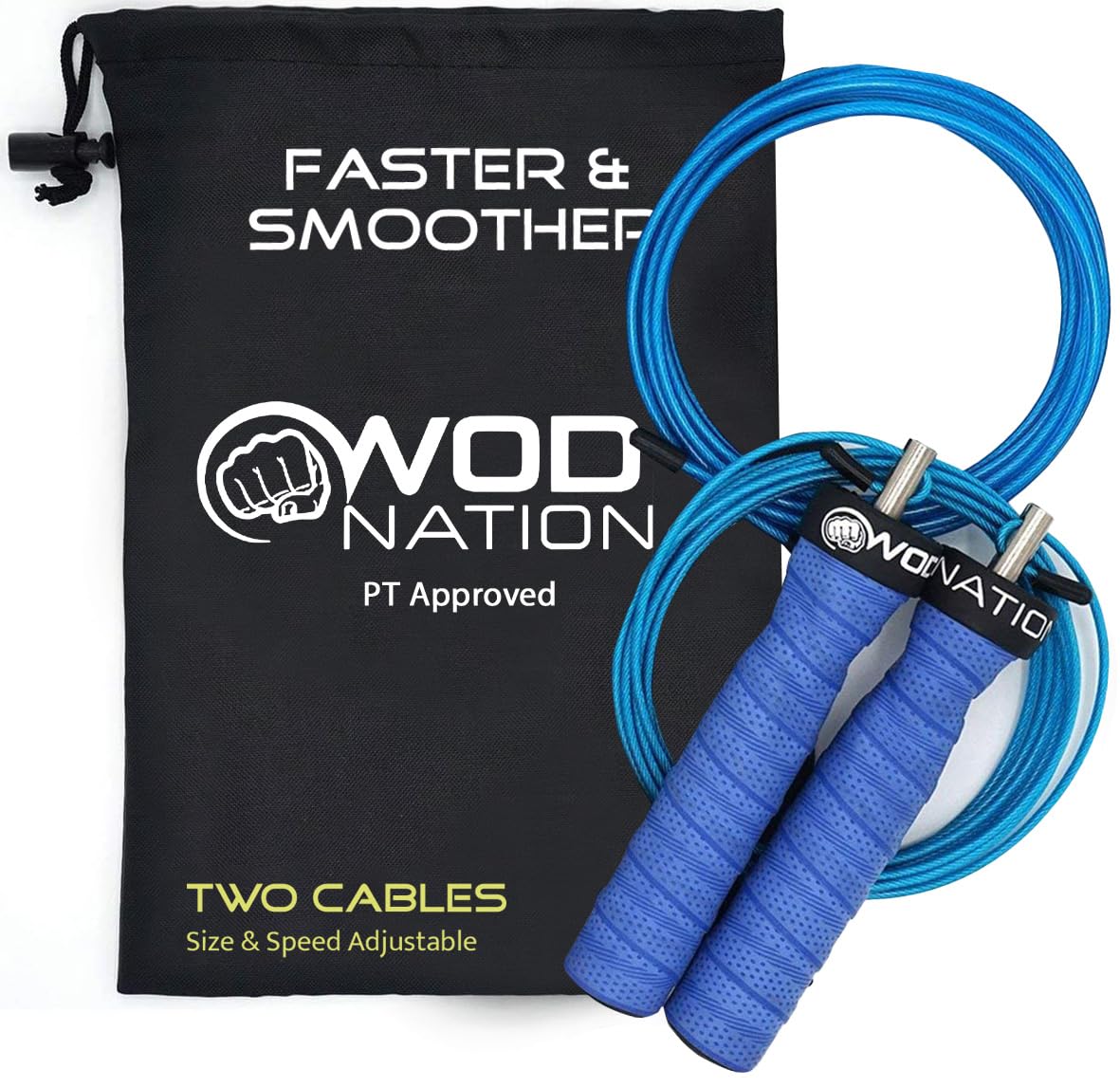 WOD Nation Adjustable Jump Rope - Dual-Speed Cables for HIIT & Fitness - Quick Adjustments for Smooth Jumping Rope Workouts - Travel Bag Included for On-the-Go Gym Accessory - 11 ft, Blue