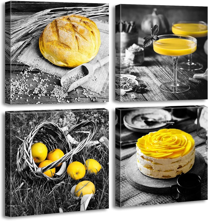 DJSYLIFE Kitchen Wall Decor Black and White Yellow Wall Art Bread Cake Fruit Picture Canvas Print Paintings for Cafe Dining Room Restaurant Farmhouse Kitchen Decoration 12" Wx12 Hx4 - Image 1