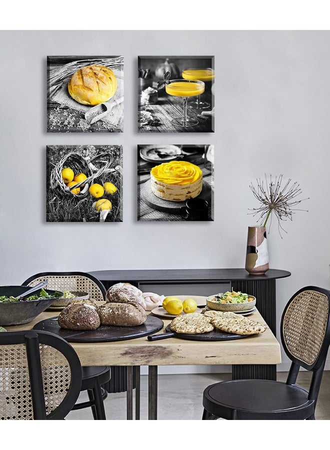 DJSYLIFE Kitchen Wall Decor Black and White Yellow Wall Art Bread Cake Fruit Picture Canvas Print Paintings for Cafe Dining Room Restaurant Farmhouse Kitchen Decoration 12" Wx12 Hx4 - Image 2