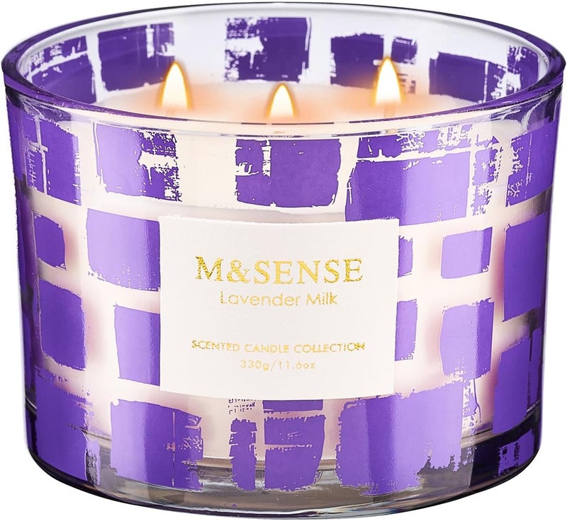 M&SENSE 3 Wick Lavender Milk Scented Candle,11.6oz Natural Soy Wax Non Toxic for Home, Up to 60 Hours Burn time,Fall Decorations for Home,Stress Relief Candles for Women/Men - Image 1