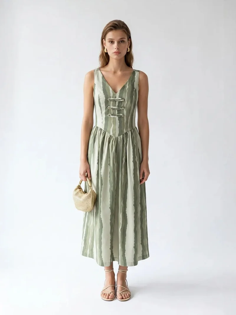 ميكسراي MIXRAY Striped A-line Midi Dress With Tie Detail