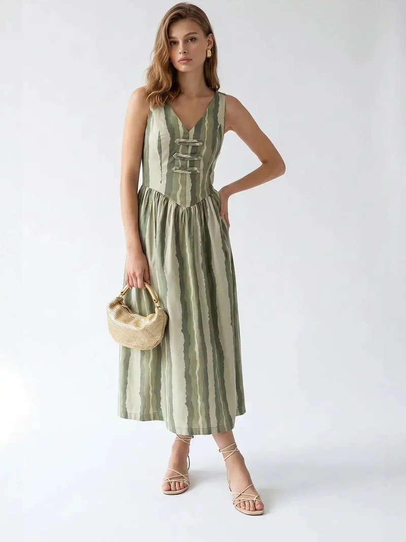 ميكسراي MIXRAY Striped A-line Midi Dress With Tie Detail