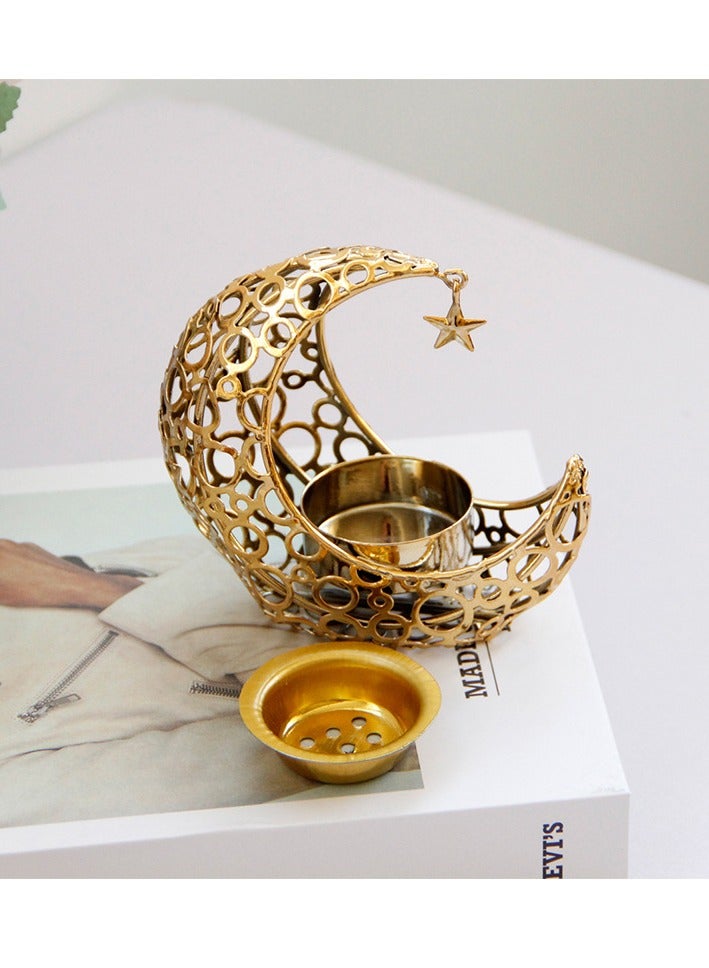 Essence burner for home-portable Bakhoor burner for aromatherapy in home and office, 1 moon-shaped metal material (black/gold) - Image 3