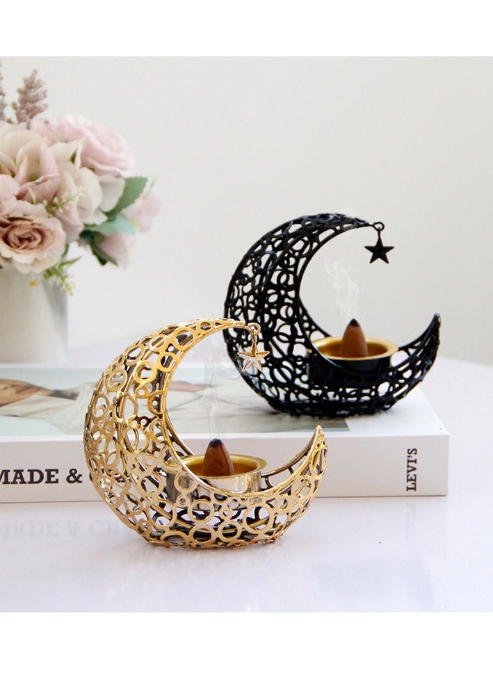 Essence burner for home-portable Bakhoor burner for aromatherapy in home and office, 1 moon-shaped metal material (black/gold) - Image 1